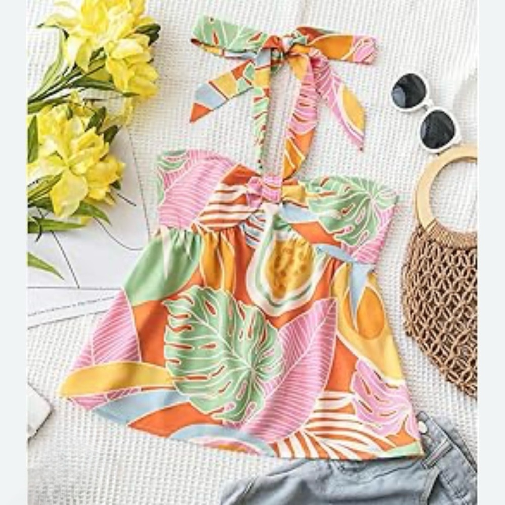 SHEIN Pink and Green Tropical Print Halter Tank Top Size L